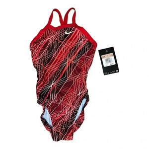 Nike‎ Girls One Piece Swimsuit Red Black Geometric Print Performance Size 5